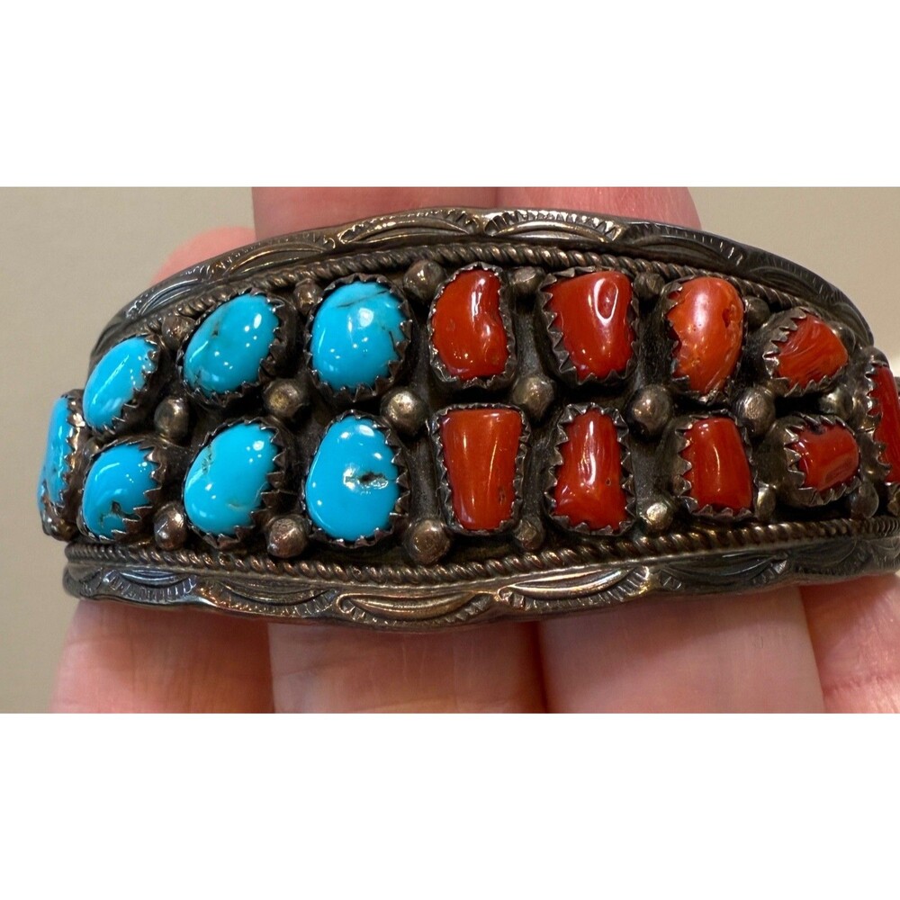 Navajo Yellowhorse Turquoise Coral Sterling Silver Cuff Bracelet Native American - Picture 9 of 16